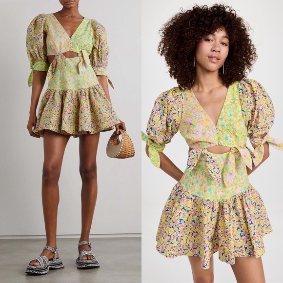 NWT ALEMAIS Daisy Spliced Puff Short Sleeve Cutout Open Back Ruffle Hem Dress 0 - Picture 2 of 16